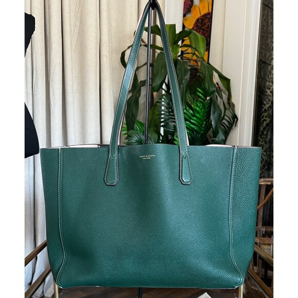 RARE!! AUTHENTIC TORY BURCH KELLY GREEN AND PINK LEATHER PERRY TOTE SHOULDER BAG - Picture 2 of 12